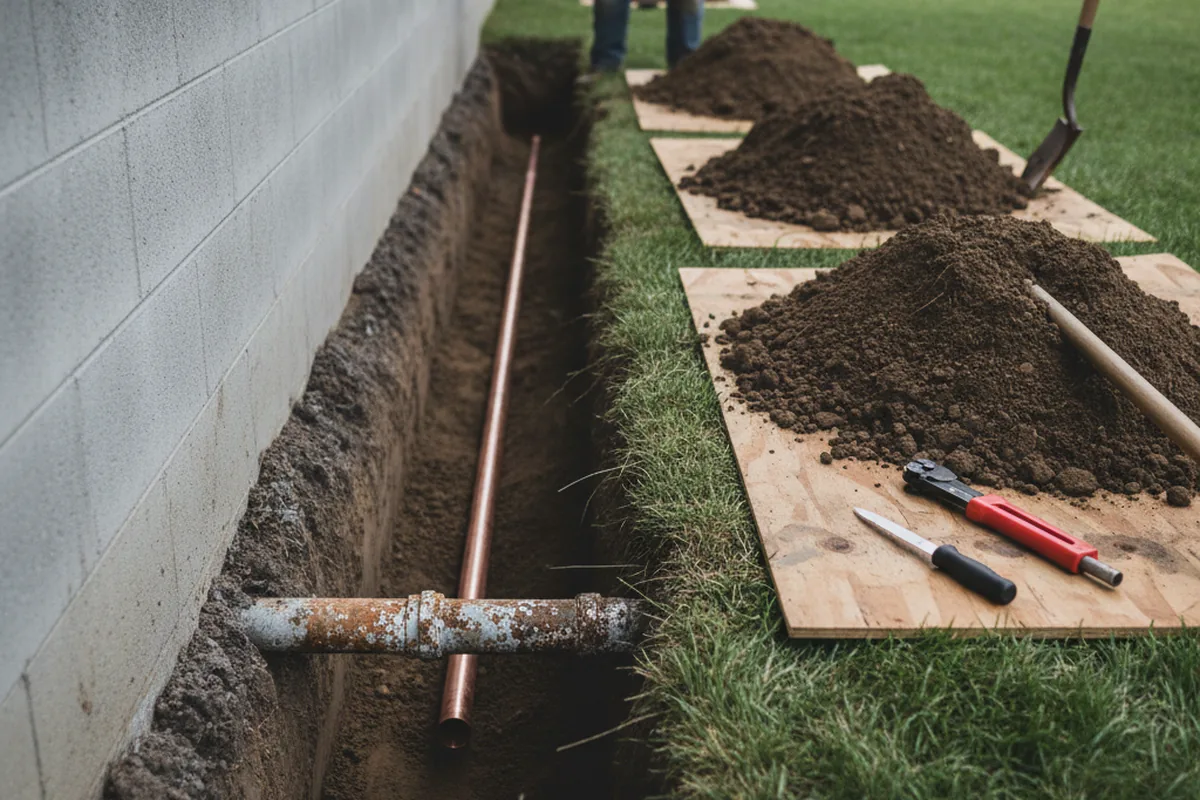 Excavated water line trench during Water Heater Repair in Sproul